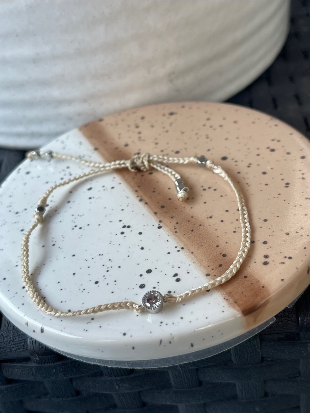 Beige Braided Bracelet with Clear Crystal Accent